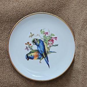 Vintage Porcelain Collector's Bird Plate Flowers Gold Metallic Rim T10